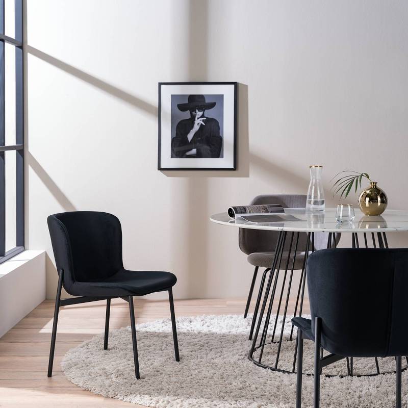 home24 Polsterstuhl MOUZON 2er-Set 52 x 79 x 49cm Samt Walli: Schwarz Schwarz/Schwarz Schwarz von home24