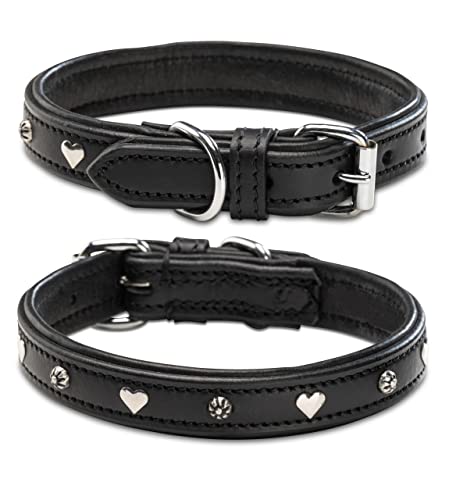Jack & Russell Hundehalsband schwarz mit Applikationen Herz & Blume – Komfortables Echt-Leder-Hunde Halsband Coer (L (39,5-49,0)) von Jack & Russell