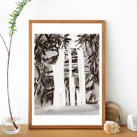 Guam Wasserfall Digitale Aquarellmalerei. Ein Sumi-E Inspiriertes Gemälde. Schwarz-Weiß Sigua Guam. Digitaler Aquarell Kunstdruck von JackieLineArtStudio