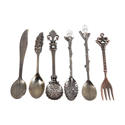 Besteck Set, 6 Teile/Satz 3D Muster Vintage Royal Style Metall Mini Besteck Kaffeelöffel und Gabel Obst Kaffee Zubehör Gemischt Geschirr Set für Zuhause, Geschenk, Restaurant(Antikes Messing) von Jacksking