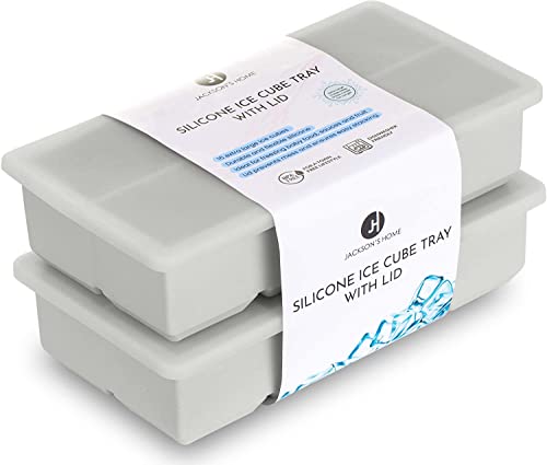 Jackson'sHome Grau Silikonformen mit Deckel – Große quadratische Eiswürfelform 8 Mulden Set mit 2 Stück – Babynahrung Pürees, Entwöhnung, Gin, Cocktails, Whiskey und Eiskaffee – BPA-frei von Jackson's Home