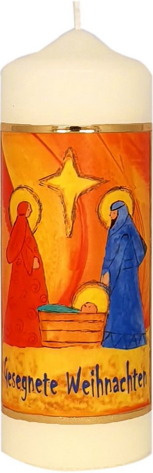 Jacob Flügel GmbH Kerzenmanufaktur Adventskerze Weihnachtskerze "Krippe orange/blau" Elfenbein 170 x Ø 60 mm von Jacob Flügel GmbH Kerzenmanufaktur