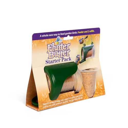 Flutter Butter Starter Pack mit 2 Flatterbutter-Nachfüllpackungen – Erdnussbutter für Vögel Wildvogelfutter – Kleiner Vogelfutterspender hilft, mehr Vögel in Ihren Garten zu Locken – von Jacobi Jayne