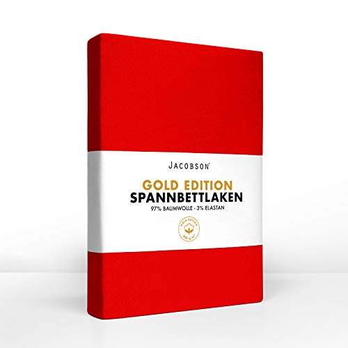 Jacobson Gold Edition Jersey Spannbettlaken Spannbetttuch Baumwolle mit ELASTAN ca. 200 g/m² (Topper 140-160x200 cm, Rot) von JACOBSON