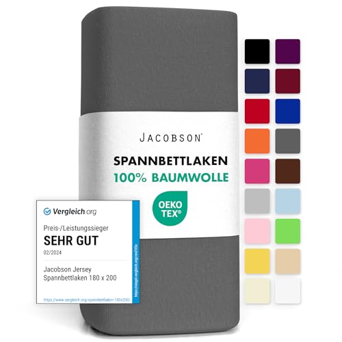 Jacobson Jersey Spannbettlaken Spannbetttuch Baumwolle Bettlaken (120x200-130x200 cm, Anthrazit) von JACOBSON