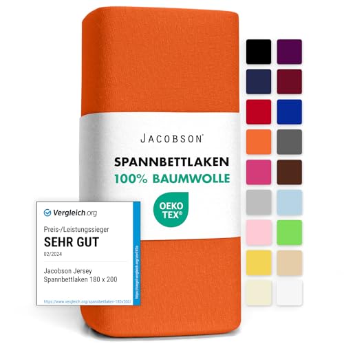 Jacobson Jersey Spannbettlaken Spannbetttuch Baumwolle Bettlaken (120x200-130x200 cm, Orange) von JACOBSON