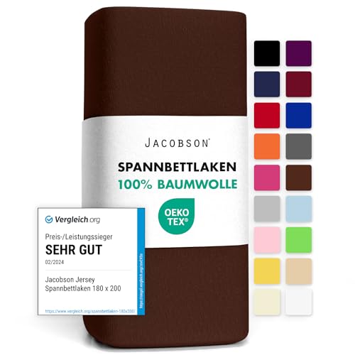 Jacobson Jersey Spannbettlaken Spannbetttuch Baumwolle Bettlaken (120x200-130x200 cm, Schokobraun) von JACOBSON