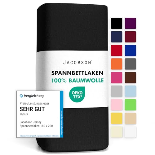 Jacobson Jersey Spannbettlaken Spannbetttuch Baumwolle Bettlaken (120x200-130x200 cm, Schwarz) von JACOBSON