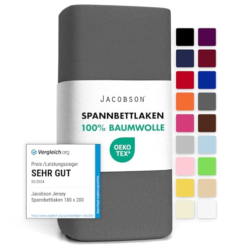 Jacobson Jersey Spannbettlaken Spannbetttuch Baumwolle Bettlaken (140x200-160x200 cm, Anthrazit) von JACOBSON