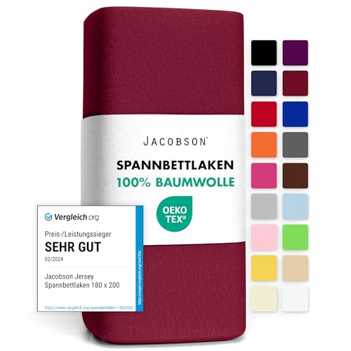 Jacobson Jersey Spannbettlaken Spannbetttuch Baumwolle Bettlaken (140x200-160x200 cm, Bordeaux) von JACOBSON