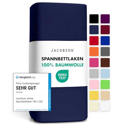 Jacobson Jersey Spannbettlaken Spannbetttuch Baumwolle Bettlaken (140x200-160x200 cm, Dunkelblau) von JACOBSON