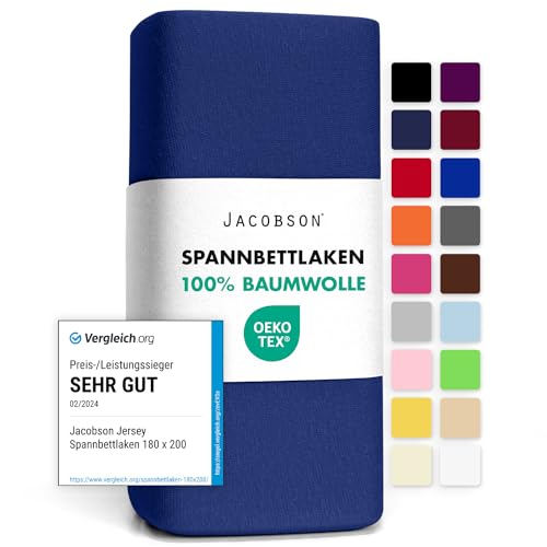 Jacobson Jersey Spannbettlaken Spannbetttuch Baumwolle Bettlaken (140x200-160x200 cm, Royal Blau) von JACOBSON