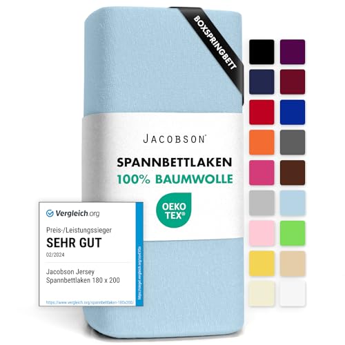 Jacobson Jersey Spannbettlaken Spannbetttuch Baumwolle Bettlaken (140x200-160x220 cm, Hellblau) von JACOBSON