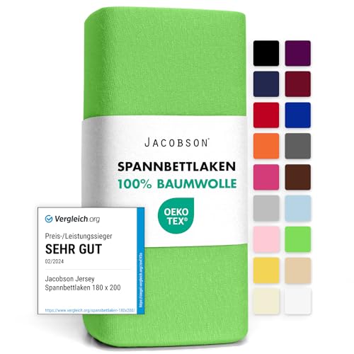 Jacobson Jersey Spannbettlaken Spannbetttuch Baumwolle Bettlaken (180x200-200x200 cm, Apfelgrün) von JACOBSON