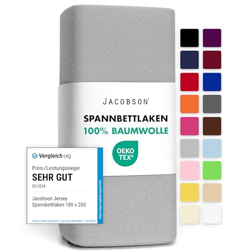 Jacobson Jersey Spannbettlaken Spannbetttuch Baumwolle Bettlaken (180x200-200x200 cm, Grau) von JACOBSON