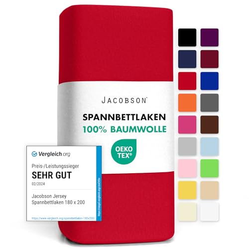 Jacobson Jersey Spannbettlaken Spannbetttuch Baumwolle Bettlaken (180x200-200x200 cm, Rot) von JACOBSON