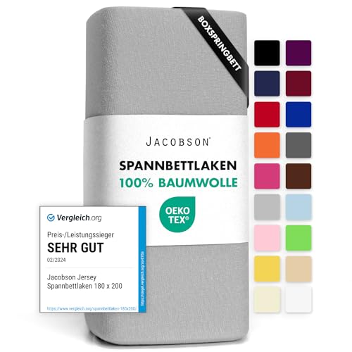 Jacobson Jersey Spannbettlaken Spannbetttuch Baumwolle Bettlaken (180x200-200x220 cm, Grau) von JACOBSON