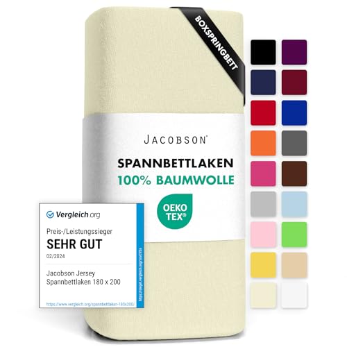 Jacobson Jersey Spannbettlaken Spannbetttuch Baumwolle Bettlaken (180x200-200x220 cm, Natur) von JACOBSON