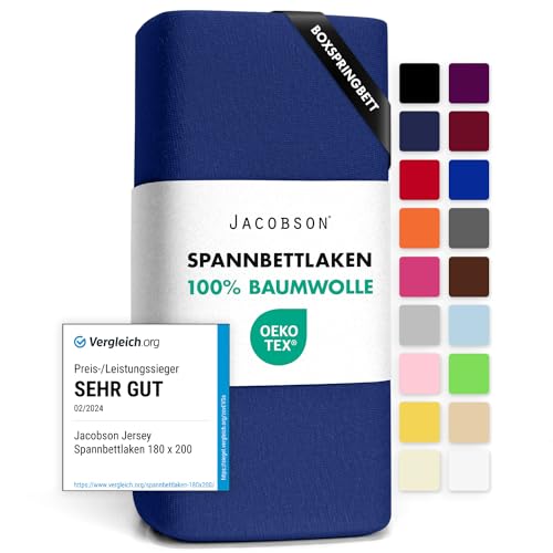 Jacobson Jersey Spannbettlaken Spannbetttuch Baumwolle Bettlaken (180x200-200x220 cm, Royal Blau) von JACOBSON