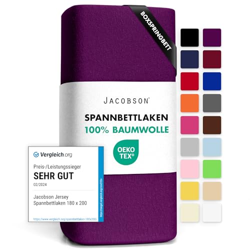 Jacobson Jersey Spannbettlaken Spannbetttuch Baumwolle Bettlaken (180x200-200x220 cm, Royal Lila) von JACOBSON