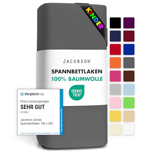 Jacobson Jersey Spannbettlaken Spannbetttuch Baumwolle Bettlaken (60x120-70x140 cm, Anthrazit) von JACOBSON