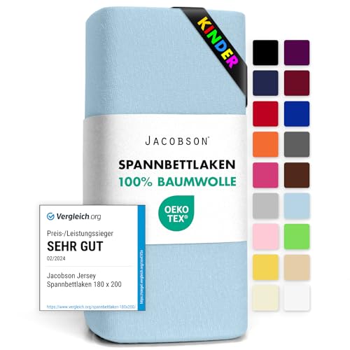 Jacobson Jersey Spannbettlaken Spannbetttuch Baumwolle Bettlaken (60x120-70x140 cm, Hellblau) von JACOBSON