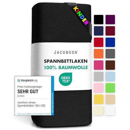 Jacobson Jersey Spannbettlaken Spannbetttuch Baumwolle Bettlaken (60x120-70x140 cm, Schwarz) von JACOBSON