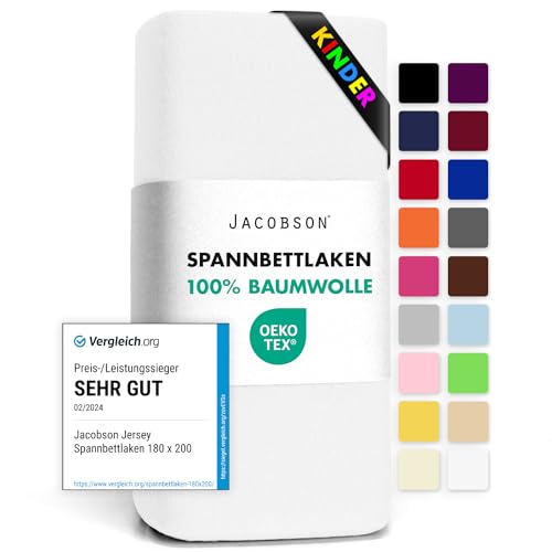 Jacobson Jersey Spannbettlaken Spannbetttuch Baumwolle Bettlaken (60x120-70x140 cm, Weiss) von JACOBSON