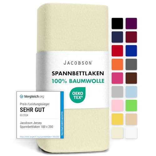 Jacobson Jersey Spannbettlaken Spannbetttuch Baumwolle Bettlaken (90x200-100x200 cm, Natur) von JACOBSON