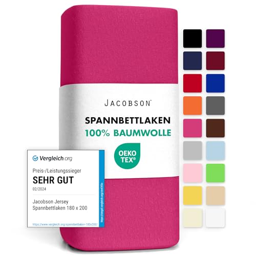 Jacobson Jersey Spannbettlaken Spannbetttuch Baumwolle Bettlaken (90x200-100x200 cm, Pink) von JACOBSON