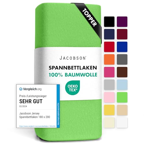 Jacobson Jersey Spannbettlaken Spannbetttuch Baumwolle Bettlaken (Topper 140-160x200 cm, Apfelgrün) von JACOBSON