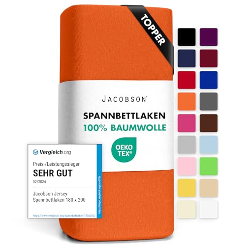 Jacobson Jersey Spannbettlaken Spannbetttuch Baumwolle Bettlaken (Topper 140-160x200 cm, Orange) von JACOBSON