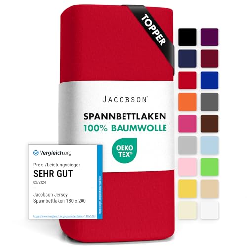 Jacobson Jersey Spannbettlaken Spannbetttuch Baumwolle Bettlaken (Topper 140-160x200 cm, Rot) von JACOBSON