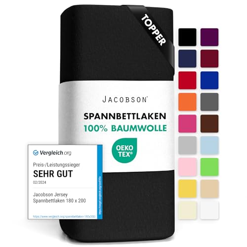 Jacobson Jersey Spannbettlaken Spannbetttuch Baumwolle Bettlaken (Topper 140-160x200 cm, Schwarz) von JACOBSON