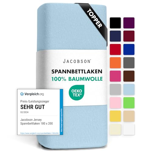 Jacobson Jersey Spannbettlaken Spannbetttuch Baumwolle Bettlaken (Topper 180-200x200 cm, Hellblau) von JACOBSON
