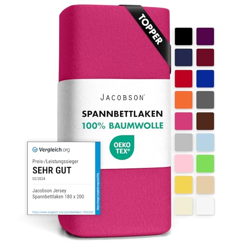 Jacobson Jersey Spannbettlaken Spannbetttuch Baumwolle Bettlaken (Topper 180-200x200 cm, Pink) von JACOBSON