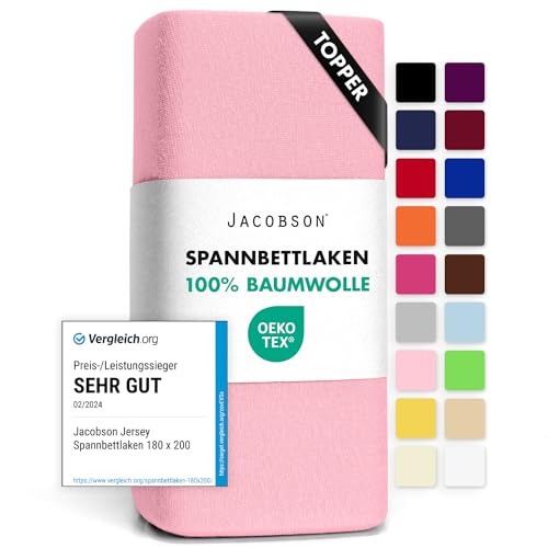 Jacobson Jersey Spannbettlaken Spannbetttuch Baumwolle Bettlaken (Topper 180-200x200 cm, Rosa) von JACOBSON