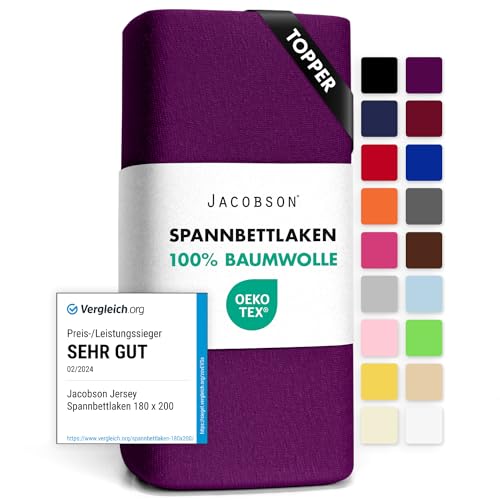 Jacobson Jersey Spannbettlaken Spannbetttuch Baumwolle Bettlaken (Topper 180-200x200 cm, Royal Lila) von JACOBSON