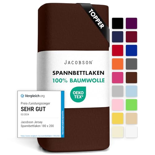 Jacobson Jersey Spannbettlaken Spannbetttuch Baumwolle Bettlaken (Topper 180-200x200 cm, Schokobraun) von JACOBSON