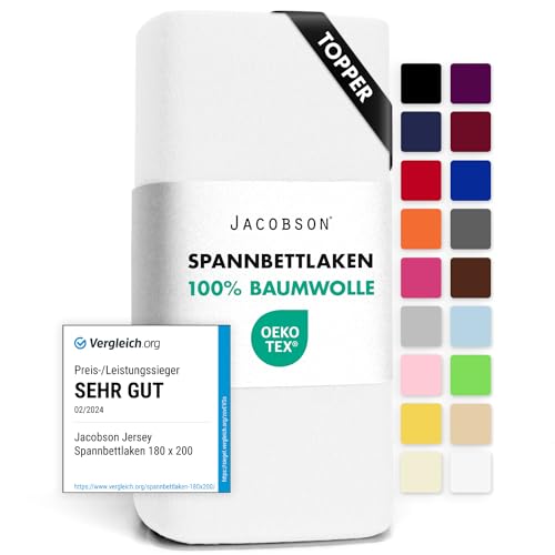 Jacobson Jersey Spannbettlaken Spannbetttuch Baumwolle Bettlaken (Topper 180-200x200 cm, Weiss) von JACOBSON