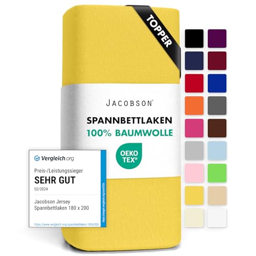 Jacobson Jersey Spannbettlaken Spannbetttuch Baumwolle Bettlaken (Topper 140-160x200 cm, Gelb) von JACOBSON