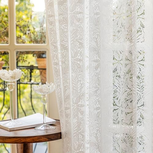 Vordesack Jacquard Scheibengardine mit Blätter Muster Landhausstil Stickerei Bistrogardine mit Stangendurchzug 1 Stück Weiß HxB 145x140cm von Jacquard