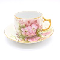 Vintage - Antik Österreich Teetasse Und Untertasse Set La Franc Handbemalt Goldrand Goldgriff Rosa Blumen Neuwertig von JacquelynVaccaro