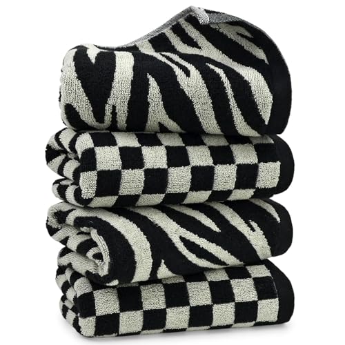 Jacquotha Badezimmer-Handtücher, 2 Stile, 4 Stück, Schwarz und Weiß, kariert und Zebra, Baumwolle von Jacquotha