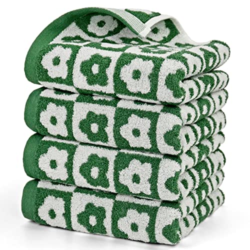 Jacquotha Handtücher, Kariertes Blumenmuster, 4 Stück, weiche Gesichtshandtücher für Badezimmer, mittlere Größe 33 x 73,7 cm, Dunkles Olivgrün von Jacquotha