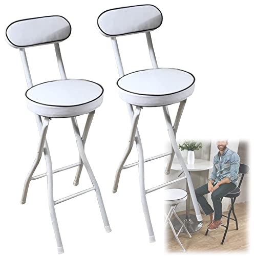 2er Set Klappbarer Barhocker mit Lehne Fußstütze, Runder Gepolsterter Bistrohocker, Küchenstuhl mit Metallgestell, für Esszimmer Outdoor, Belastbar bis 150kg (Color : White, Size : 65cm/26inch) von Jade Direct Store