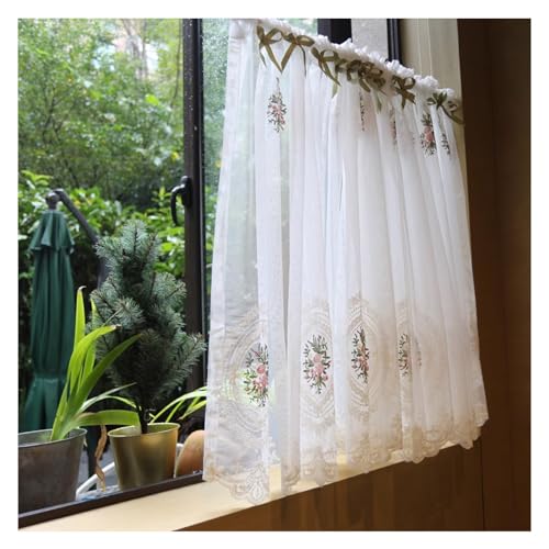 Weiße Transparent Voile Vorhänge, Französischer Romantischer Stil Blumenstickerei Muster Scheibengardine, Küchengardine mit Schleife, für Kleine Fenster, Café, Schlafzimmer (Color : White, Size : Wx von Jade Direct Store