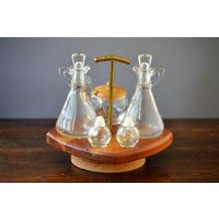 Hazel Atlas "Vanity' Condiment Tabletop Lazy Susan Glas Menage | Salz Pfeffer & Honig Topf Zuckerdose Vintage Essig Kännchen Öl von JadeandLoren