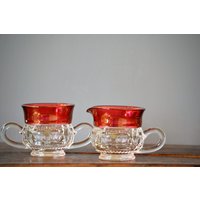 Tiffin-Franciscan Flashed Ruby Kings Crown Creamer & Zuckerroter Glas Daumenabdruck von JadeandLoren