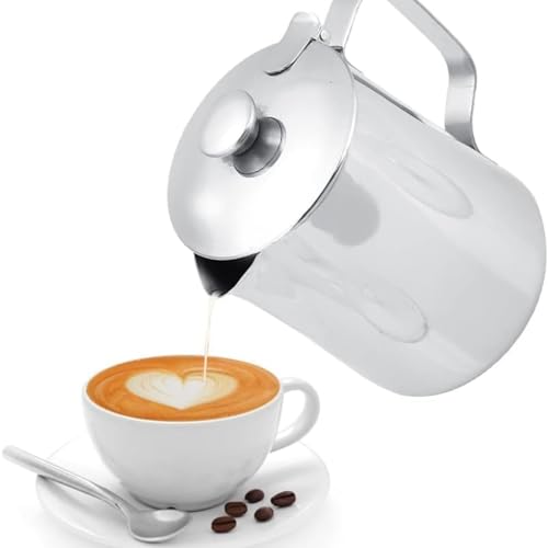 Jadeshay Milchkannchen Mit Deckel, 600ml Milchkannchen Zum Milchaufschaumen Edelstahl Milchschaumkännchen Milchkanne Edelstahl Für Latte Coffee Art von Jadeshay